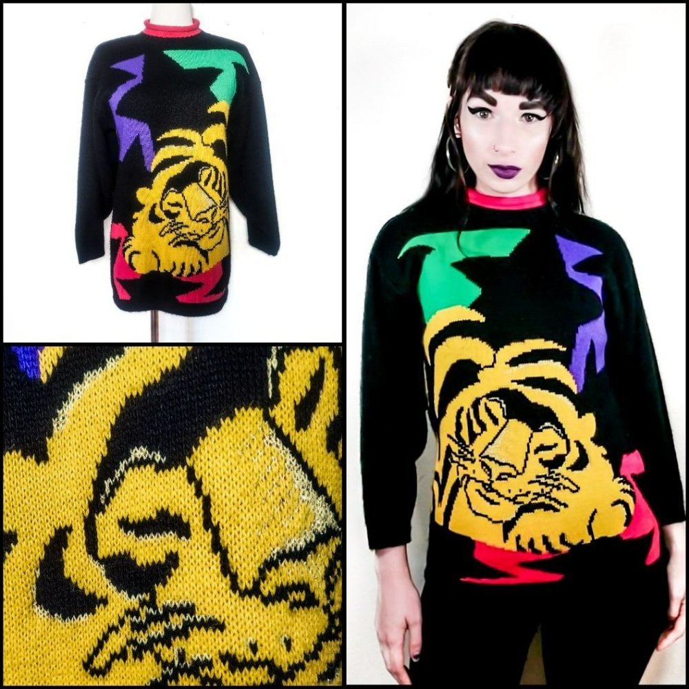 Vintage 1980s Neon Tiger Graphic Pullover Glitter Turtleneck Sweater | 80s Brigh